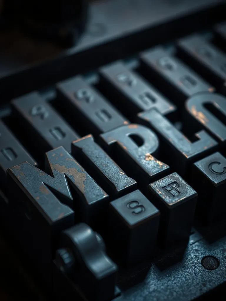 Close-up of mechanical metal printing blocks for typography,